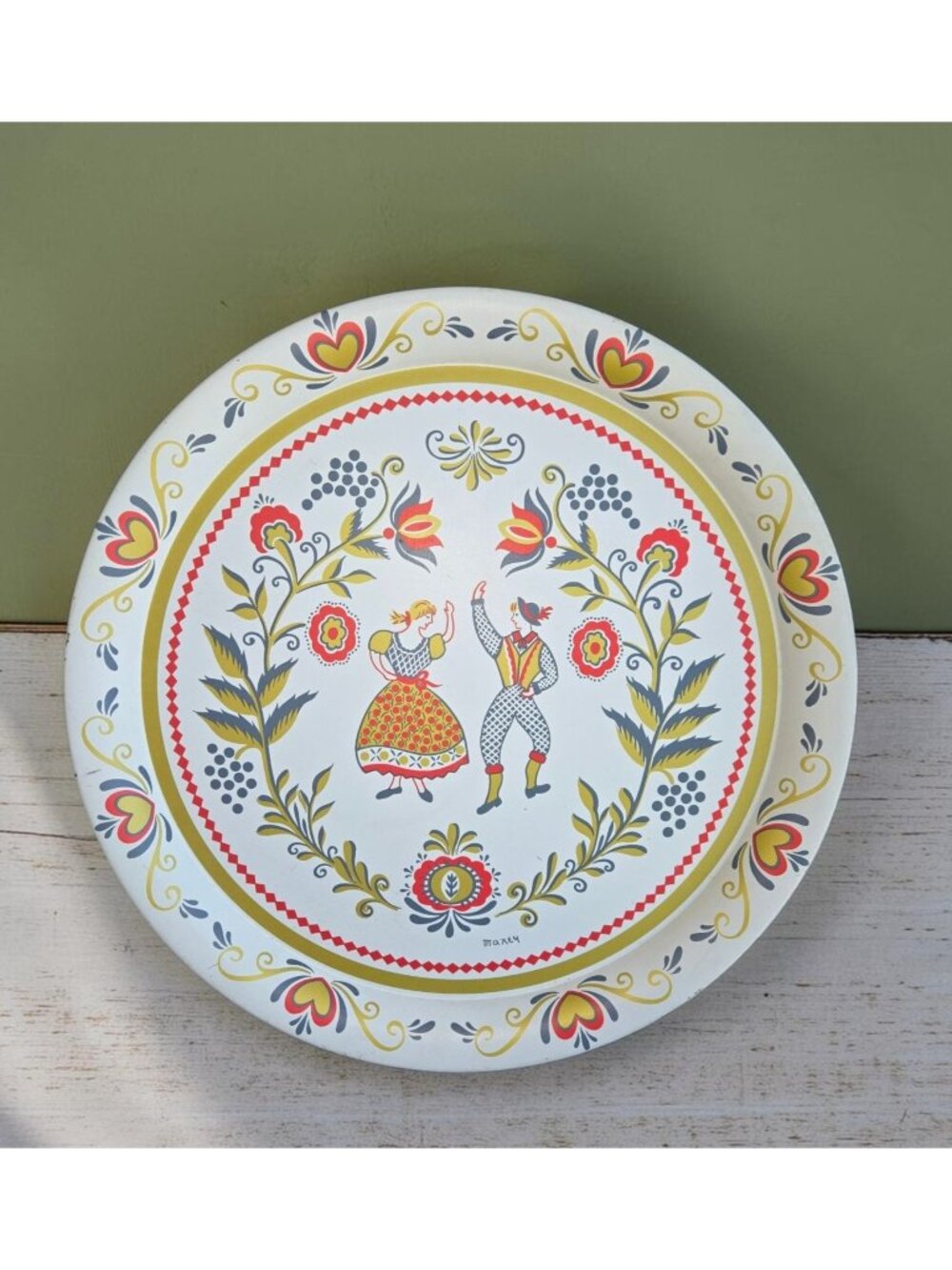 Vtg Maxey White Tole Serving Tray Pennsylvania Dutch Dancing Couple folk art, Gr